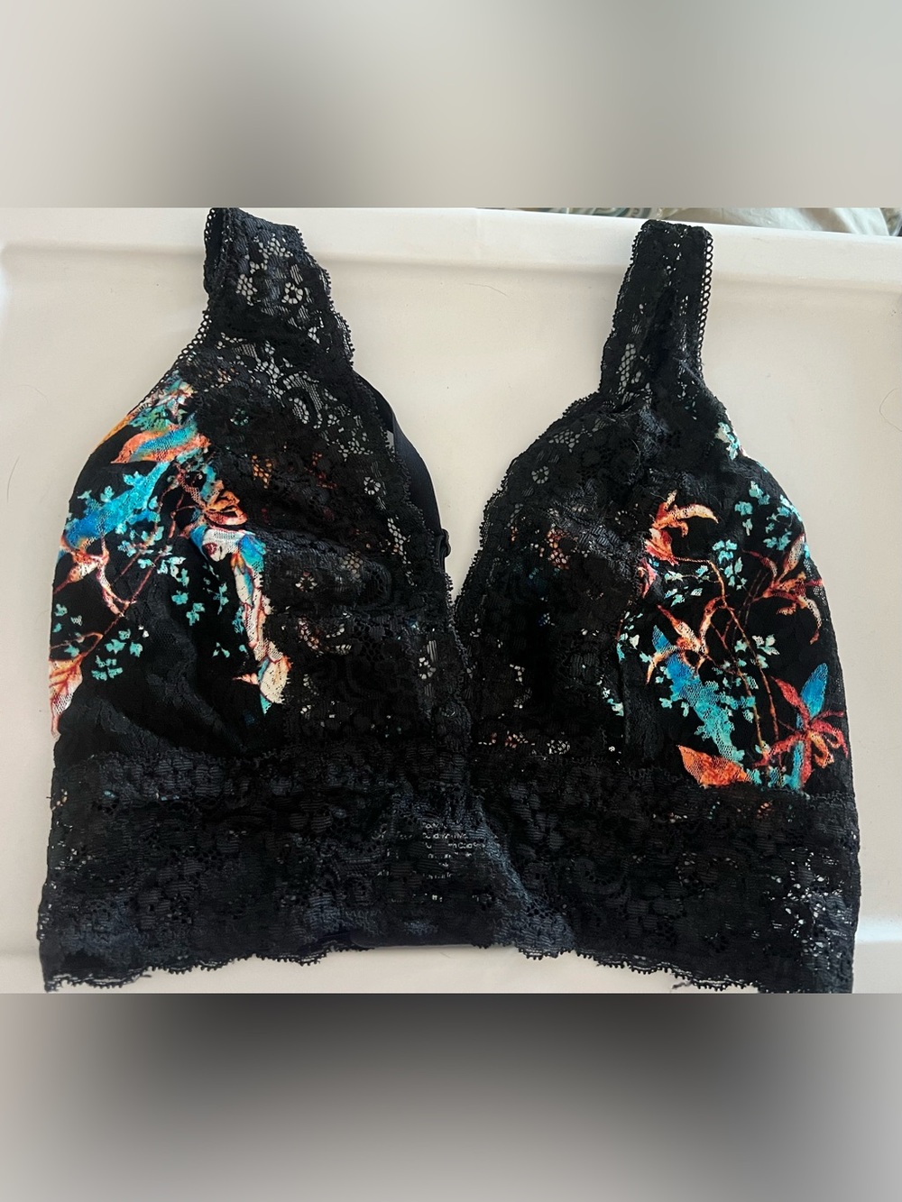 Soma Black Lace Bralette with Teal & Coral Floral - M